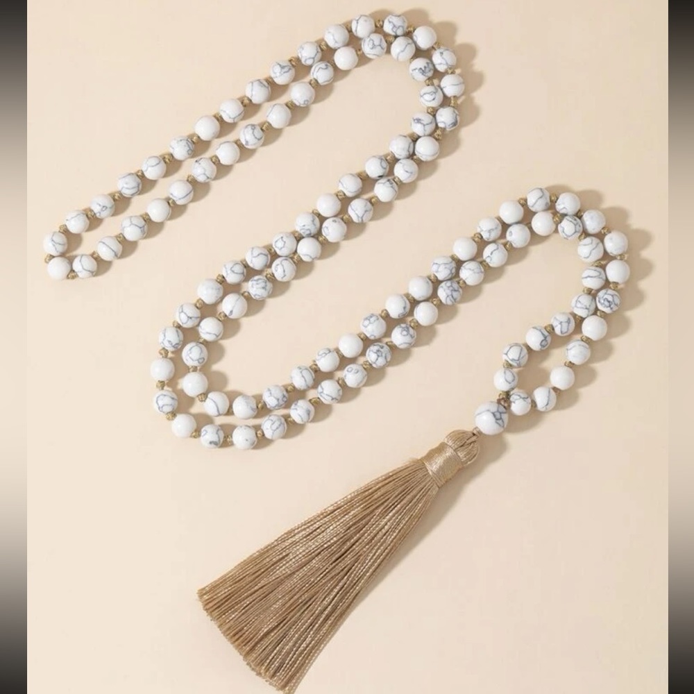 White and gray bead tan tassel necklace